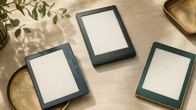 Three black ebook readers with blank screens on a beige linen surface with plant shadows