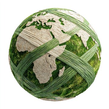 Conceptual Illustration of Planet Earth Globe Covered in Green Moss and Tied with Strips of Natural Raffia String Symbolizing Global Environmental Protection Sustainability and Ecological Conservation