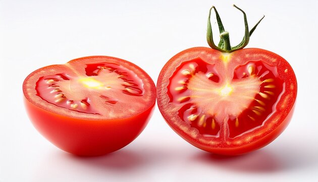 halved red tomato with seeds on white background