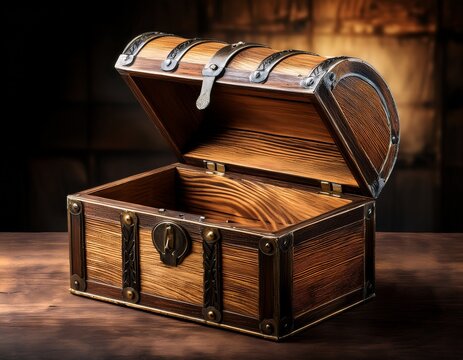 an open wooden treasure chest with a rustic design showcasing its empty interior ideal for storing valuables or decorative items
