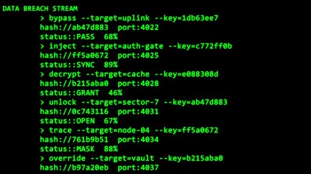 Green Tech Random Text Data Breach Stream Terminal on Black Background for Cybersecurity Hacker Console and Encrypted Transfer Interface