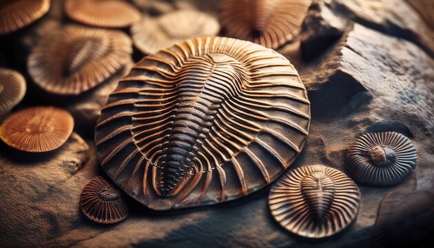 trilobite fossils in the rocks closeup detail