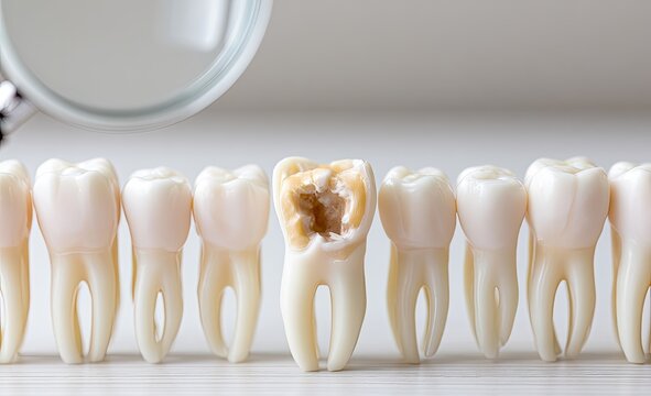 Macro view of a row of teeth, one with a large cavity, under a magnifying glass