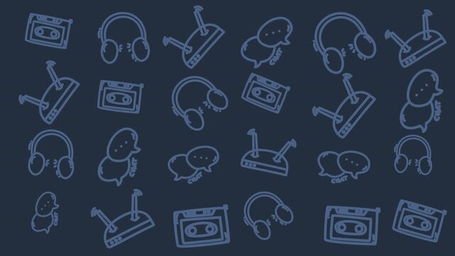 Hand-drawn retro audio gear in blue ink. Headphones, cassette tapes, and record players dot the design. Each element features simple, playful outlines