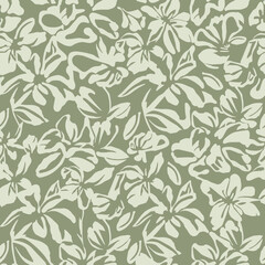 Fototapeta premium Green Tone on Tone Tropical Floral Seamless Pattern Elegant Neutral Botanical Background 