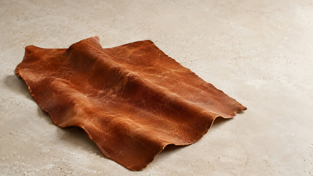 Brown leather hide piece on a light beige textured stone surface