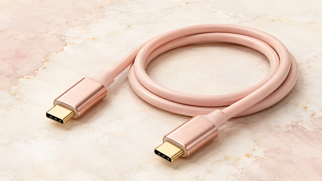 Coiled rose gold u s b c charging cable on a pale pink marble surface