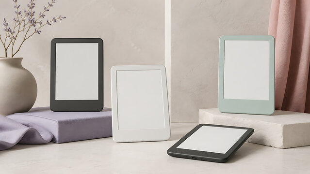 Four blank ebook readers on stone blocks with lavender and pink fabric