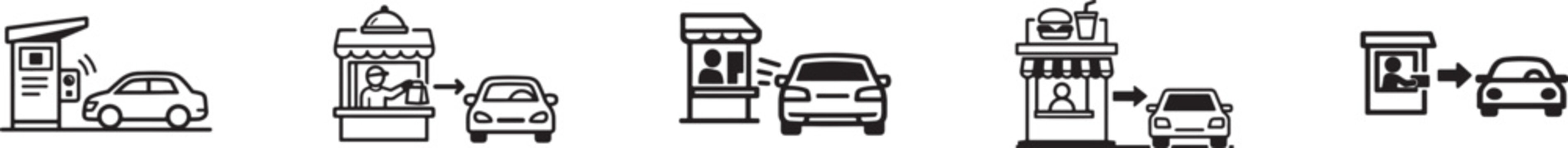 Drive through icon set in filled, outline, line and stroke styles for web, mobile UI and service apps.