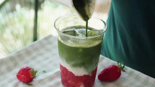 Making a layered strawberry matcha latte with fresh strawberries, milk and matcha tea. Trendy healthy beverage prepared in a glass