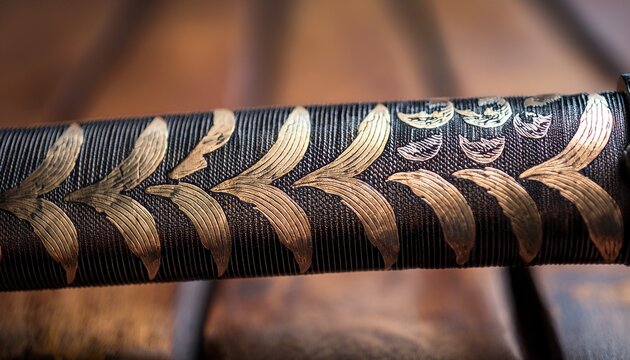 close up of a japanese katana sword blade detail with patterned steel