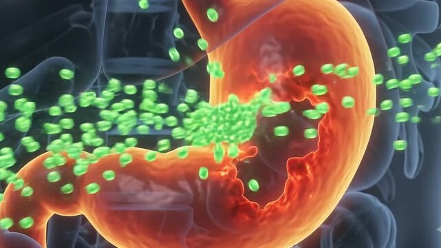 3D medical illustration of human stomach pain with intense glowing red inflammation aura representing gastritis acid reflux and ulcer