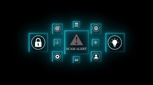 Scam alert warning. cyber security concept. Woman using laptop, warning sign for scams with icons representing online threats, phishing. Unknown person, Motion graphics .4k animation video