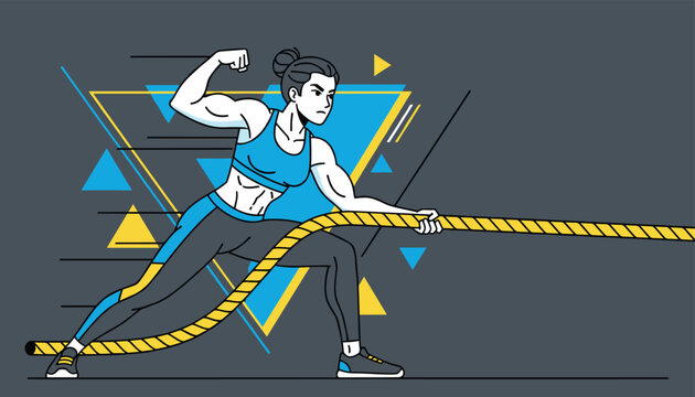 Athletic woman demonstrates strength and determination while pulling a heavy rope in a competitive tug of war challenge in a gym.