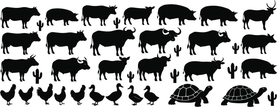 Farm animal silhouette illustration set with cattle pig chicken cactus designs, decorative artwork vector element for agriculture, eco, and educational graphic design