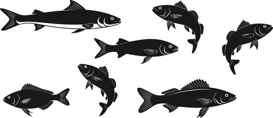 Fish silhouettes flat vector illustration featuring diverse species, dorsal fins, tail fins, swimming poses, aquatic wildlife design artwork concept © MD Tariful islam