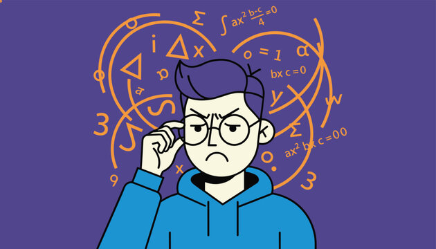 Young man looks frustrated and confused while trying to solve complex mathematical equations and scientific formulas floating around his head.