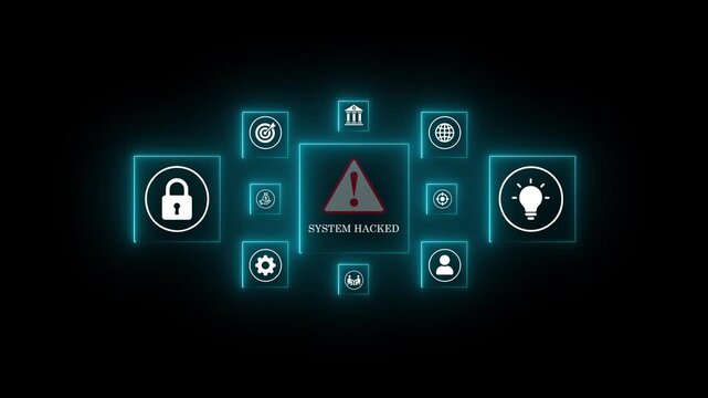 system hacked warning. cyber security concept. Woman using laptop, warning sign for scams with icons representing online threats, phishing. Unknown person, Motion graphics .4k animation video
