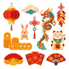 Fototapeta premium A colorful illustration of Chinese New Year decorations and symbols