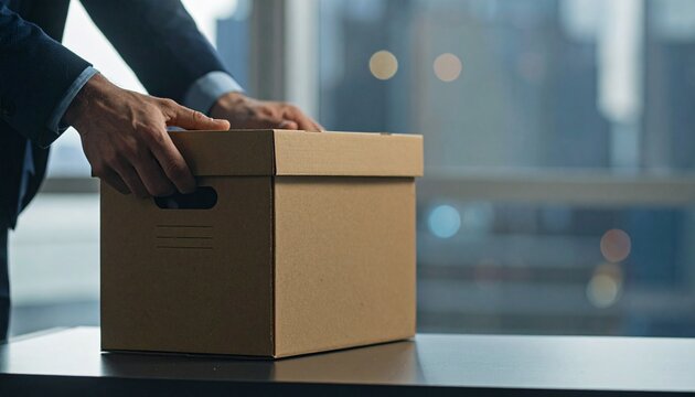 A businessman placing a cardboard box on a table, signifying an end or transition in his career. The background shows an office environment with blurred lights