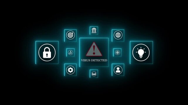 virus detected warning. cyber security concept. Woman using laptop, warning sign for scams with icons representing online threats, phishing. Unknown person, Motion graphics .4k animation video