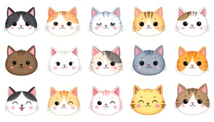 Fototapeta premium A collection of 15 cartoon cat faces with various expressions and colors