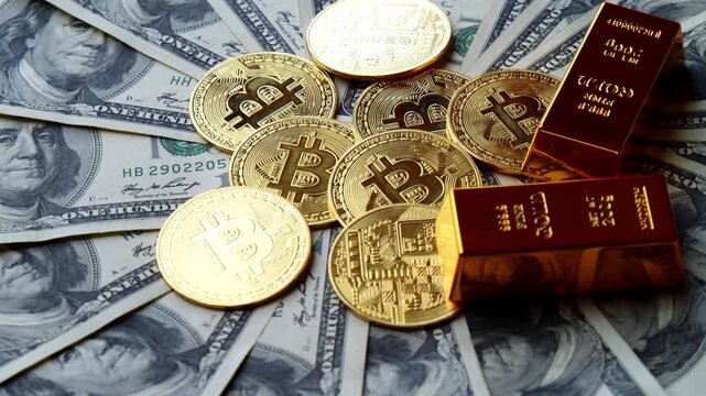 Glimpse the allure of modern wealth where shiny gold bars, Bitcoin coins, and crisp dollar bills blend in a captivating design that sparks curiosity and aspiration