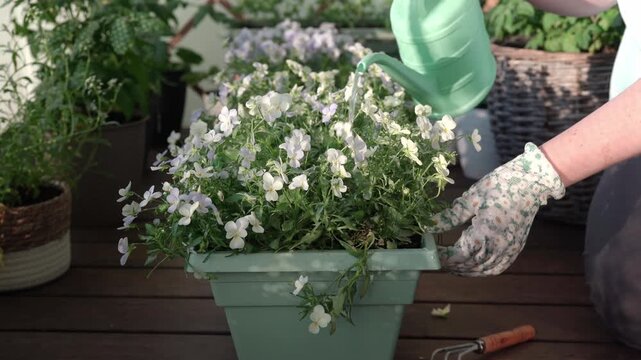 Watering flowering plants on a sunny balcony. Home gardening and plant care concept