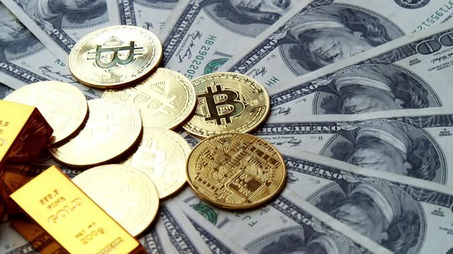 Gleaming gold bars, shimmering coins, and crisp dollar bills create a stunning tableau of modern wealth. Experience the charm of financial abundance and choice