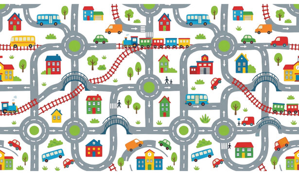 Cute City Road Network with Cars Trains and Buses Seamless Kids Vector Pattern