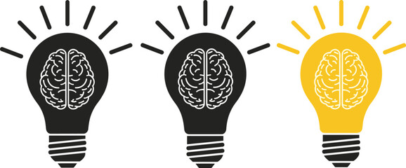 Flat vector illustration of brain lightbulb silhouettes, creativity idea icons, minimal innovation design, modern thinking graphic set, black outline and filled styles © MD Tariful islam