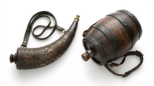 Antique Carved Powder Horn and Wooden Keg on White Background