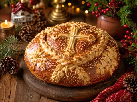 Christopsomo griechisches Weihnachtsbrot
Traditionelles Christopsomo mit Kreuzdekor, goldbrauner Kruste und festlicher Weihnachtsdekoration im Kerzenlicht.