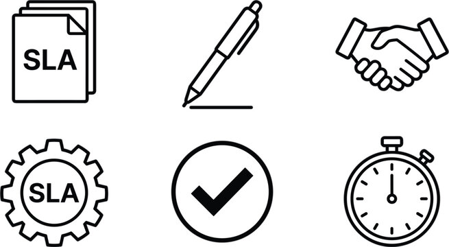 Service Level Agreement SLA Line Icon Set with Business Contract Document Pen Signature Handshake Compliance Checkmark and Stopwatch Deadline Symbols