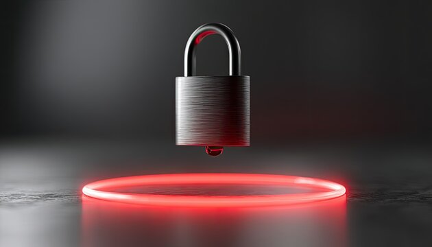 A metallic padlock hovers above a glowing red ring on a dark surface