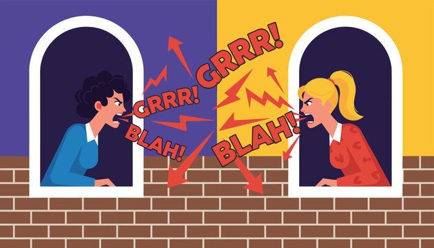 Two neighbors engage in a loud verbal argument from their apartment windows with speech bubbles filled with angry exclamations.