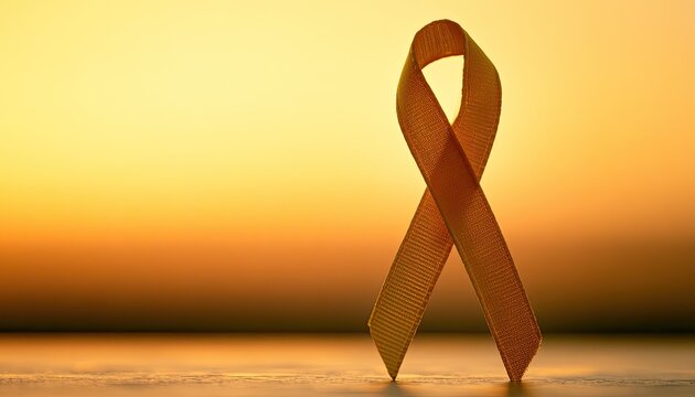 Golden ribbon stands against a vibrant, blurred sunset, symbolizing hope
