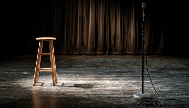 Empty stage with stool and microphone under spotlight