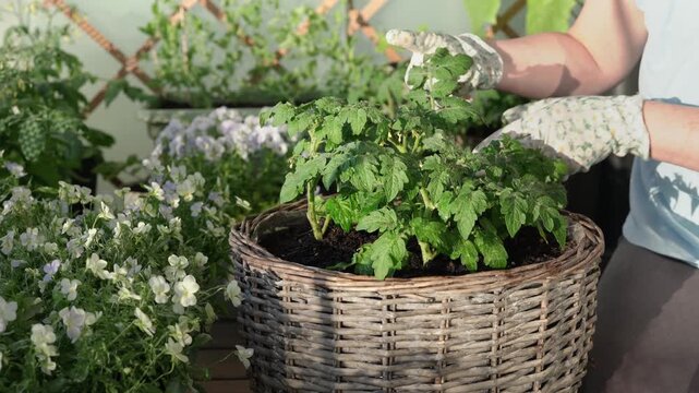 Checking tomato leaves for plant health and growth. Home gardening and vegetable growing on balcony