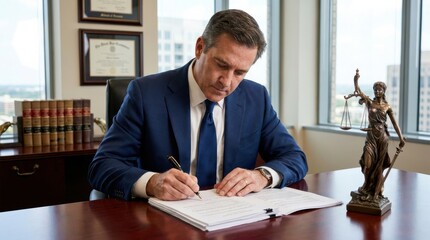 Obraz premium Attorney in blue suit signing legal documents in office