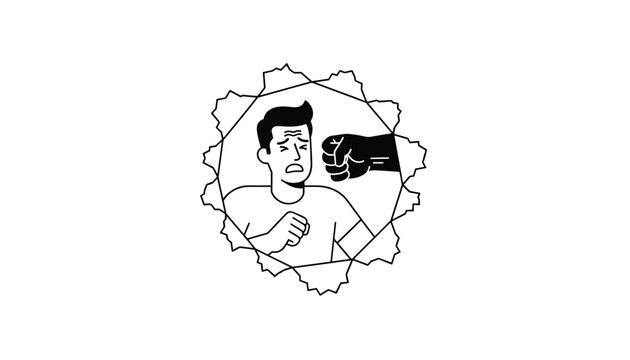 Scared man cringes in fear as a large black fist emerges from a jagged frame to strike him in a symbolic act of violence.