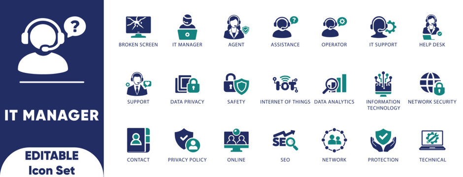 IT Support Management Icon Set. assistance, contact, information technology, manager, operator, seo, agent, and solid illustration.  