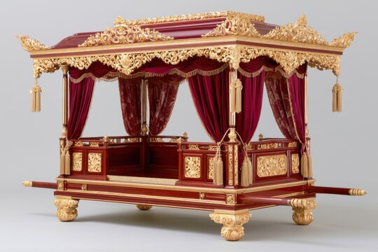 Opulent imperial palanquin crafted from lacquer with intricate gold detailing and rich red drapery, showcasing luxurious design elements and traditional craftsmanship