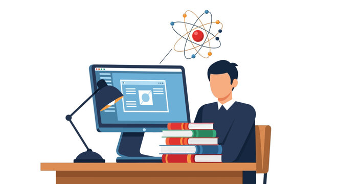 Man Studying Science and Physics Online - E-learning and Digital Research Vector Illustration