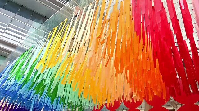 Rainbow Hanging Paper Art flowing in the wind, Pride Month, Gender Transgender Celebration, Sexual Diversity, Social Tolerance Awareness, Homosexual Equality, Slow Motion