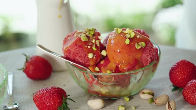 Serving strawberry sorbet by placing a spoon into dessert bowl. Refreshing fruit dessert ready to eat