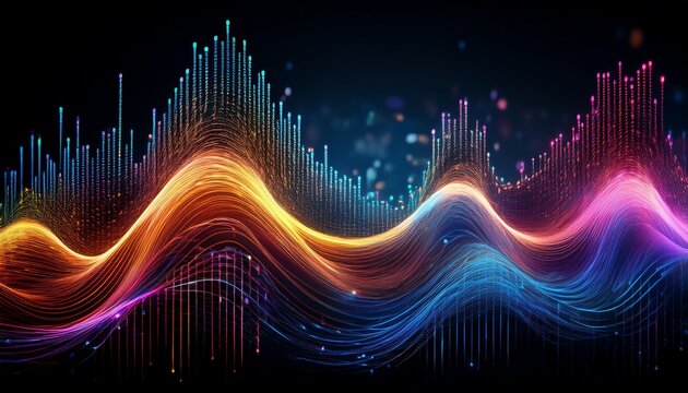 abstract colorful rhythmic digital sound wave with binary code on black background sound waveform digital information generative ai
