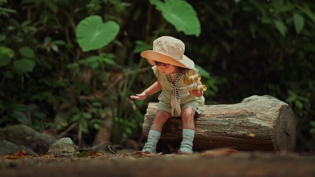 Cute little Asian toddler girl holding binoculars and sitting on a log as many butterflies fly around her in a lush forest. Whimsical child adventurer exploring nature during a summer park visit.