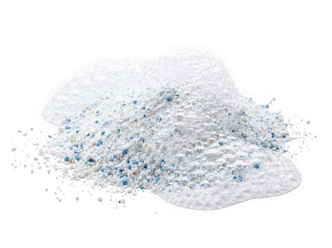 Heap of laundry detergent powder with soap bubbles isolated on transparent background