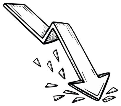 Hand-drawn downward trending arrow with fragmented pieces falling